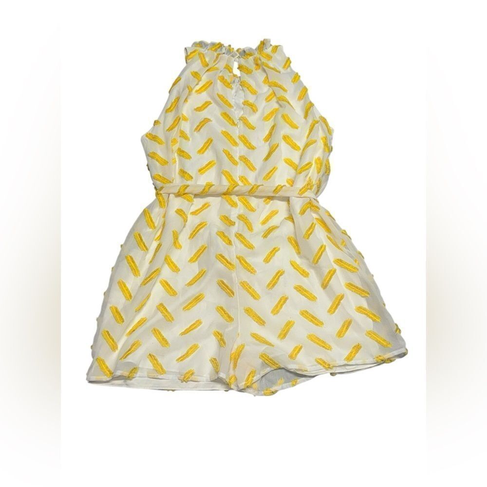 ❤️NWT ALI & JAY X ANTHROPOLOGIE yellow & white Corina Textured high neck Romper - Picture 5 of 13
